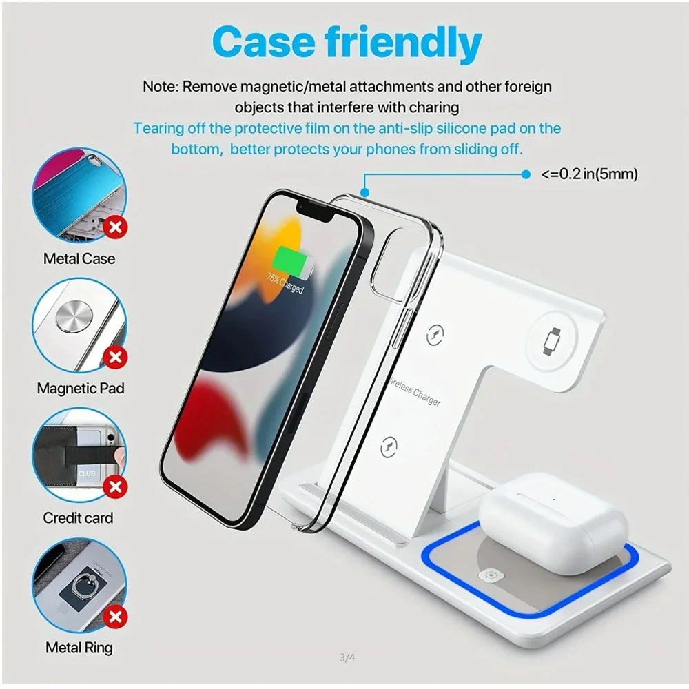 3 in 1 LED Fast Wireless Charger Stand Foldable Charging Station