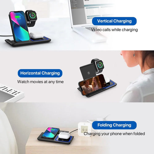 3 in 1 LED Fast Wireless Charger Stand Foldable Charging Station